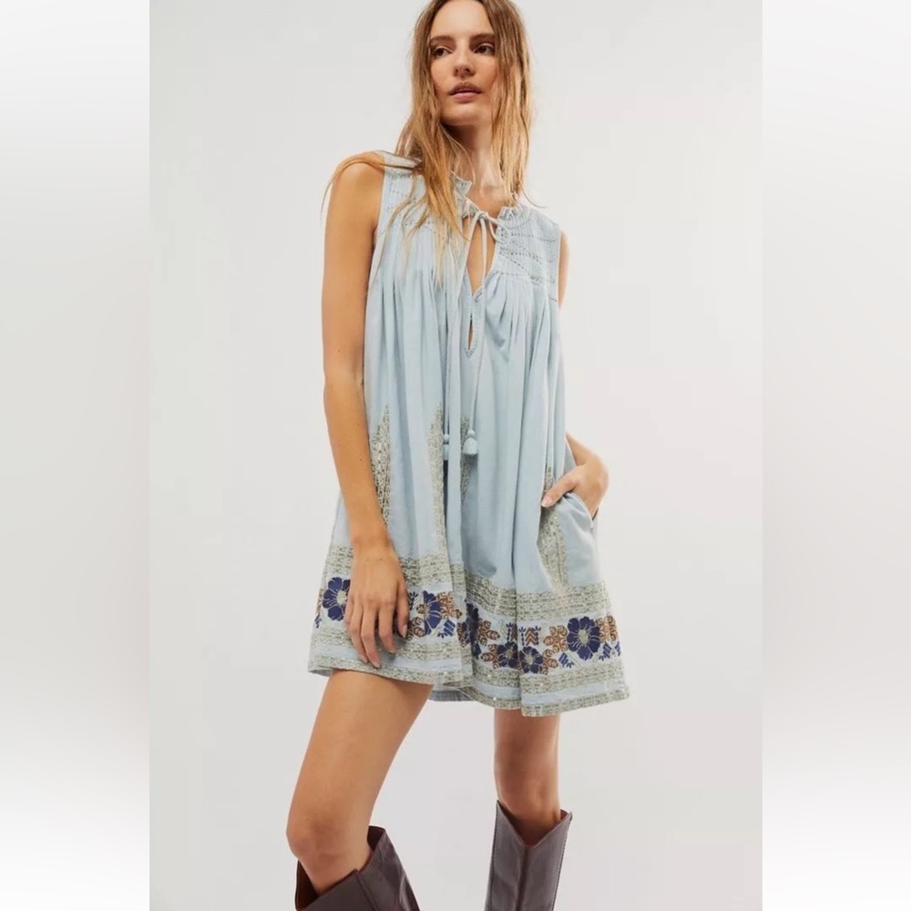 Free People Love All Mini Dress Floral Embroidery Silver Pleated Wash Blue